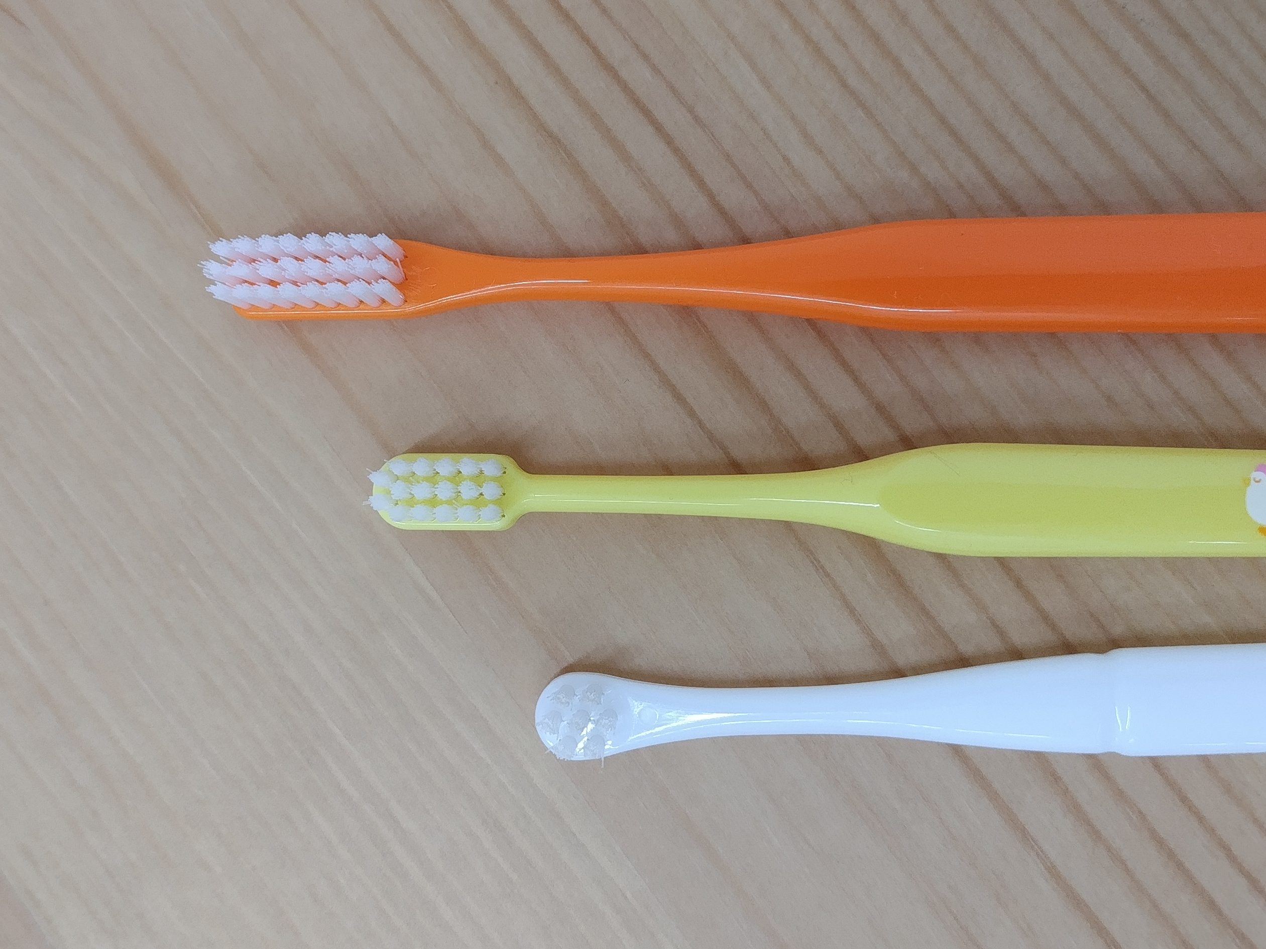 ３本の歯ブラシの写真、ヘッドサイズの比較用